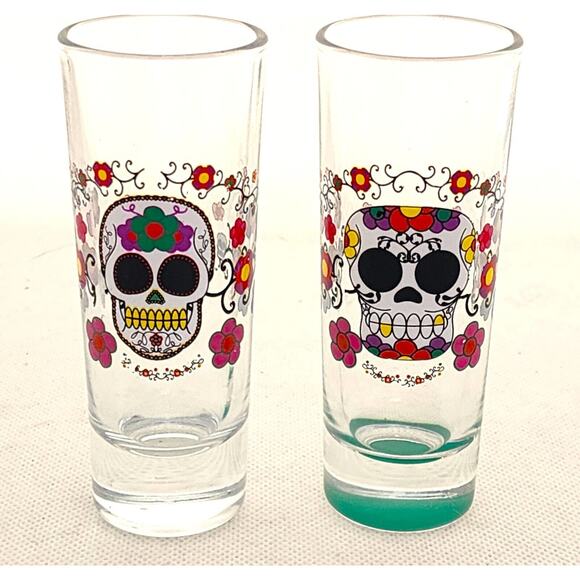 SHOT GLASSES-DAY OF THE DEAD-SUGAR SKULL-Colorful-2 oz (1/4 cup)-Set of 2 - Picture 1 of 9